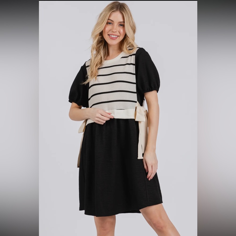 Striped Knit Panel Contrast Layered Woven Dress